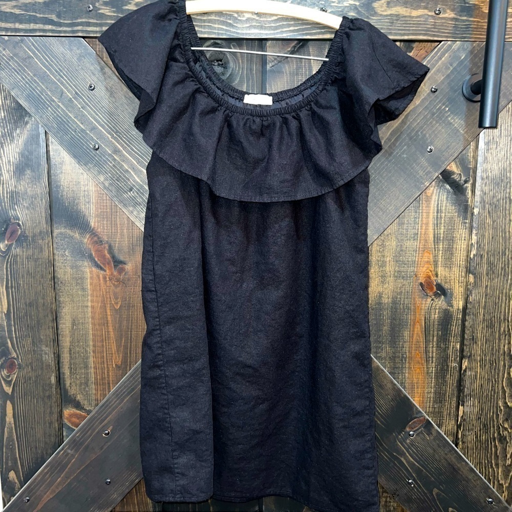 Newbury Kustom Linen Blend Mini Dress S Off Shoulder LBD Black Ruffles